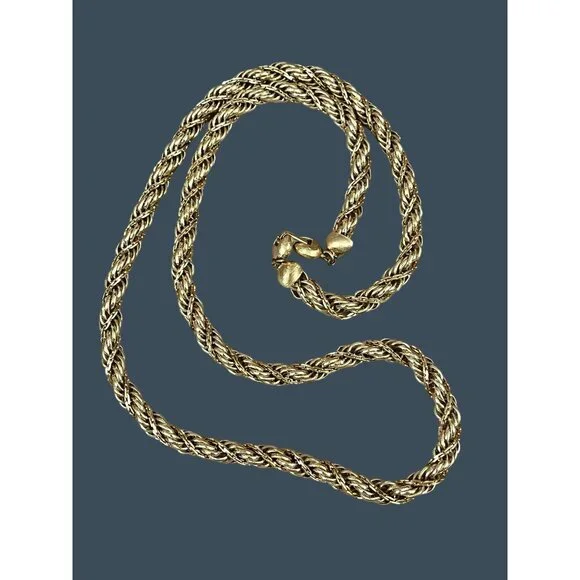 Vintage Monet Gold-Tone Twisted Rope Chain Necklace With Textured Beads & Clasp - Picture 1 of 8